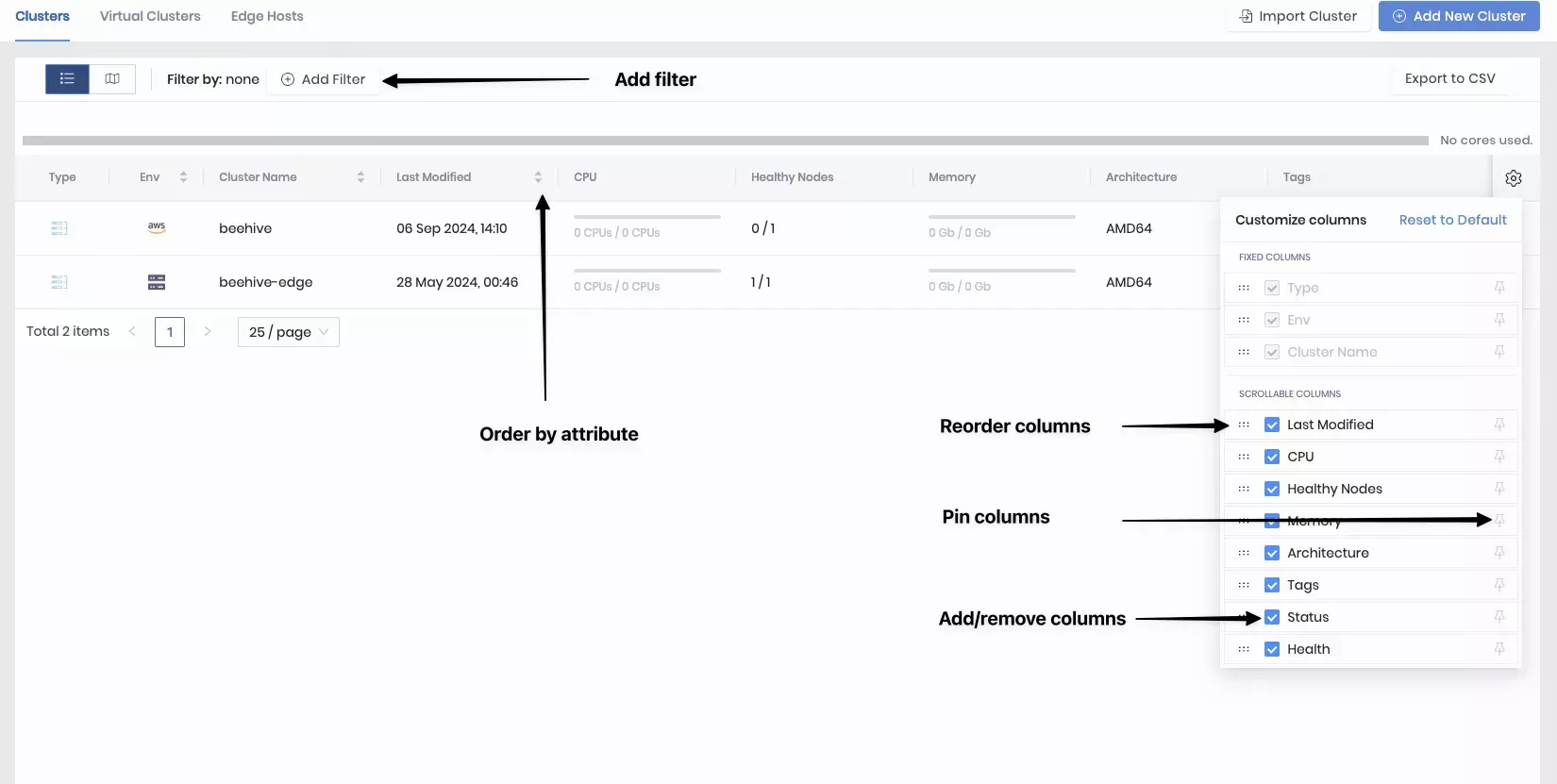 Screenshot of cluster grid view with arrows pointing to the areas where actions to organize the gride view can be performed. 