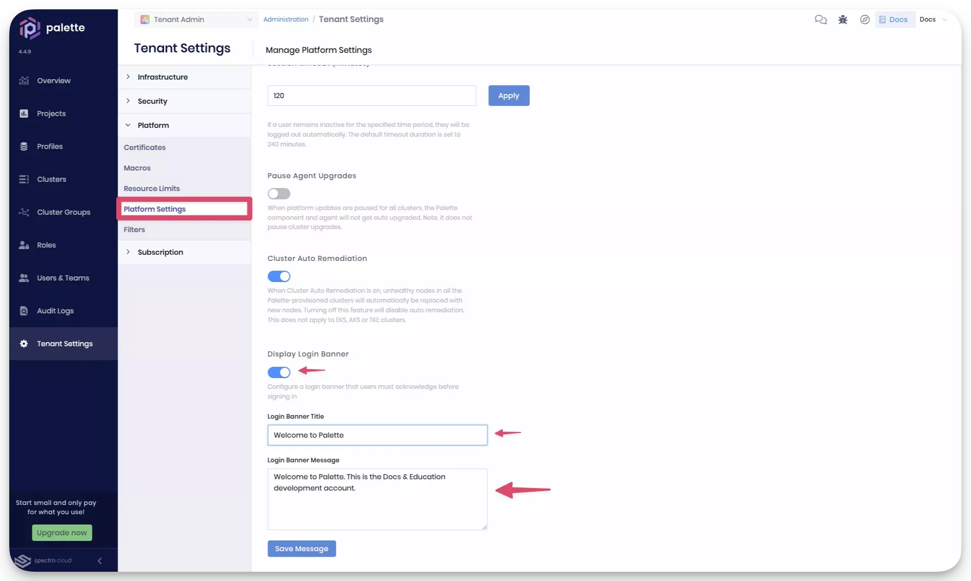 A view of the tenant settings platform page with an example login banner message.