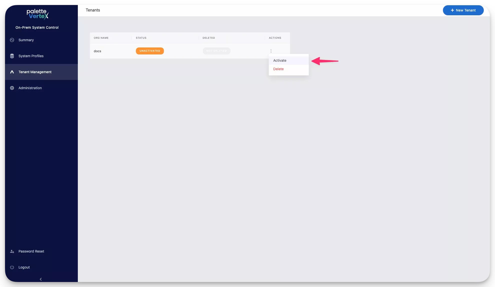 View of a tenant activation option